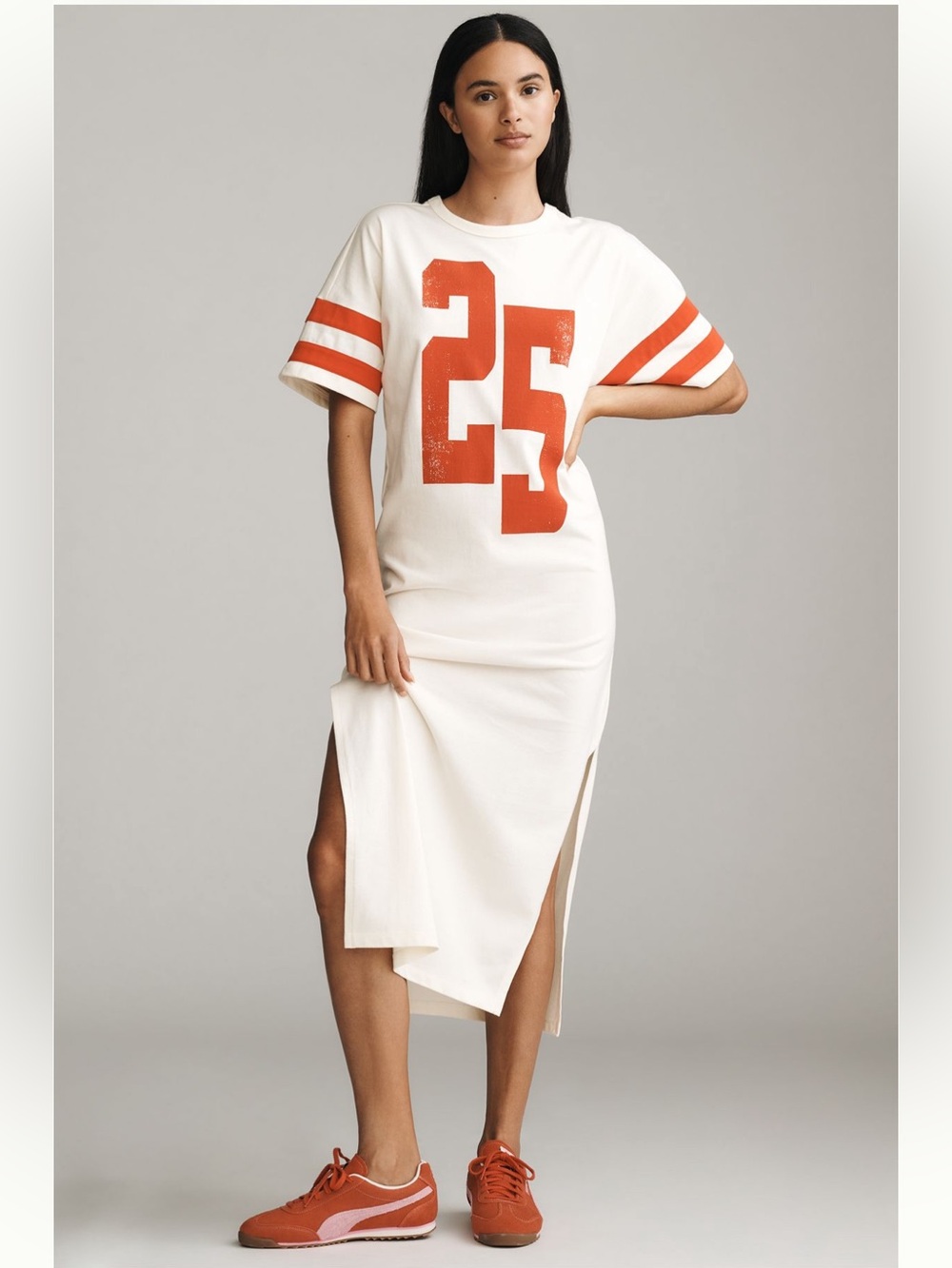 Women's Cream Midi T-Shirt Dress with Orange Number Print